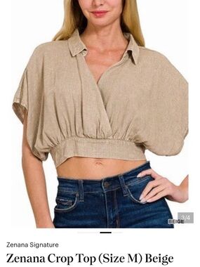 Zenana Signature Beige Cropped Collared Blouse